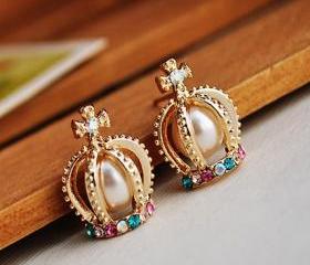 Free Shipping Crown Shape Stud Earrings Sweet Style Colorful Rhinestone