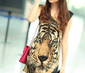 Free Shipping Handsome Tiger Print Cotton Tank Dress