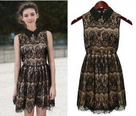 Free Shipping Stylish Turndown Collar Sleeve Black Lace Dress